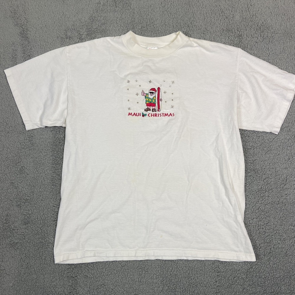 Vtg Maui Christmas White Embroidered Single‎ Stitch Holiday T Shirt Size XL